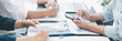 © doidam10 - Panorama of corporate teamwork with people discussing financial reports, pointing at charts, planning business strategy, analyzing data and collaborating in office meeting for professional success.