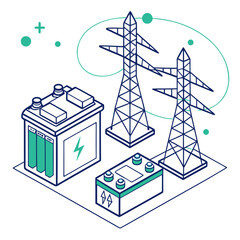 Wall Mural - Vector art of isometric illustration depicting energy storage solutions with batteries and power transmission towers, showcasing sustainable energy infrastructure