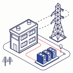 Wall Mural - Vector art of isometric illustration of a factory connected to a power pole and transformers, industrial electricity supply concept for business