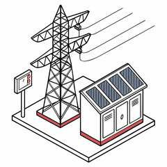 Wall Mural - Vector art of isometric illustration depicting a solar power installation alongside a transmission tower, symbolizing the transition to green energy solutions
