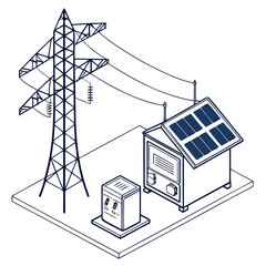 Wall Mural - Vector art of isometric illustration showcasing a solar panel installation connected to a power transmission tower, representing renewable energy integration into the grid