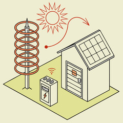Wall Mural - Illustration of a solar panel system with a shed, a control box, and a lightning rod, showcasing sustainable energy solutions and renewable power generation for ecofriendly living