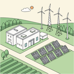 Wall Mural - Illustration of a sustainable farm with solar panels and wind turbines, showcasing renewable energy sources and ecofriendly agriculture for a greener future