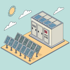 Wall Mural - Vector art of isometric illustration of a solar power plant with solar panels, a transformer, sun, and clouds, showcasing sustainable energy generation and ecofriendly technology for a greener future