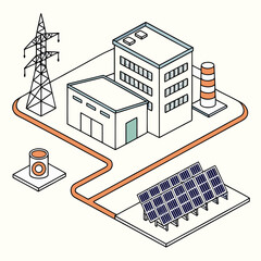 Wall Mural - Vector art of isometric illustration of a power plant with solar panels, power lines, and industrial buildings, showcasing sustainable energy generation