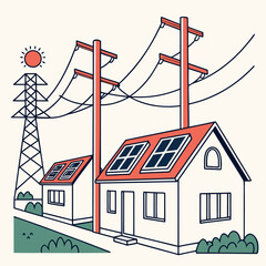 Wall Mural - Illustration of houses with solar panels and electricity pylons, representing residential renewable energy integration with power grid infrastructure for sustainable living