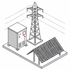 Wall Mural - Vector art of isometric illustration of a power grid with solar panels, power lines, and transformer, showcasing electricity generation and distribution