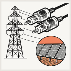 Wall Mural - Illustration of a power grid with solar panels, power lines, and connectors, showcasing electricity generation and transmission