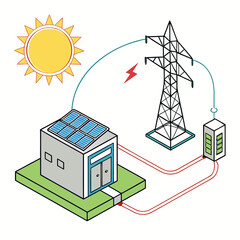 Wall Mural - Vector art of isometric illustration of a solar power setup with panels, building, transmission tower, and battery, showcasing renewable energy distribution