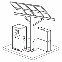 Wall Mural - Vector art of black and white outline illustration of a solar power system with panels, inverter, and battery storage, representing renewable energy technology