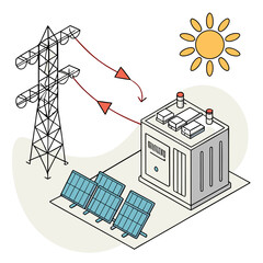 Wall Mural - Vector art of isometric illustration of a solar power plant with panels, transformer, and transmission tower, showcasing sustainable energy generation and distribution