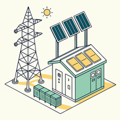 Wall Mural - Vector art of isometric illustration of a solar power plant with panels, transformer, and transmission tower, showcasing sustainable energy generation and distribution