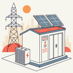 Wall Mural - Vector art of isometric illustration of a building with solar panels on the roof, connected to an electrical transformer and a power line tower, with a cityscape in the background
