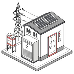 Wall Mural - Vector art of isometric illustration of a building with solar panels on the roof, connected to an electrical transformer and a power line tower