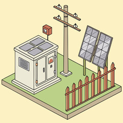 Wall Mural - Vector art of isometric illustration of a solar panel installation with transformer and power pole, renewable energy source for sustainable electricity generation