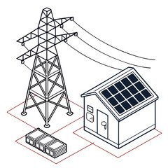 Wall Mural - Vector art of isometric illustration of a house with solar panels connected to the power grid, showcasing sustainable energy integration and renewable resources