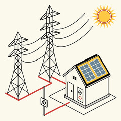 Wall Mural - Illustration of a house with solar panels connected to the power grid, showcasing sustainable energy integration and renewable resources