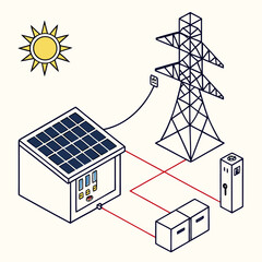 Wall Mural - Vector art of isometric illustration of a solar panel system connected to the power grid, showcasing sustainable energy integration and renewable resources