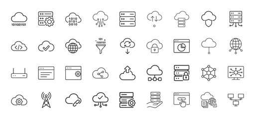 Cloud computing and data technology line icon set. Vector pictograms of cloud storage, servers, network security, data processing, web services, and network infrastructure, thin linear illustration.