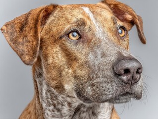 a lovely brown and white dog with unique spotted fur looks directly at the viewer with curious eyes 