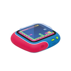 Colorful handheld gaming device with screen and buttons for playing games.