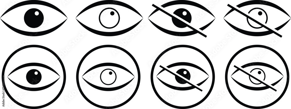 eye icon set. View icon. Show and hide visibility icon set. Look and ...
