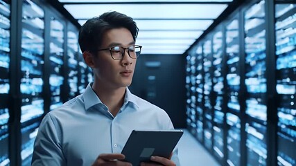 Asian Man in Glasses Holding Tablet in Dark Server Room with Blue Lights