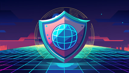 A blue shield with a globe on it. The shield is surrounded by a colorful background. The shield is meant to represent protection and security