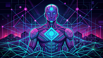 A man in a purple suit stands in front of a blue and purple background. The man is surrounded by a network of lines and shapes, giving the impression of a futuristic, technological world