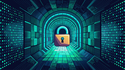 A green tunnel with a lock on the door. The tunnel is filled with green squares. The lock is silver and has a keyhole