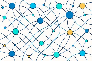 Wall Mural - Abstract network of connected circles in blue and yellow tones on white background, symbolizing creative data flow and modern technology concept. Ai generative