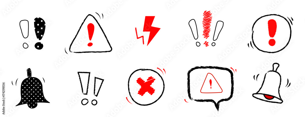 Hand-drawn Alert and Warning Icons Set – Sketch Style Notification ...