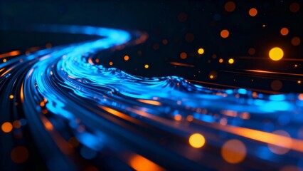 A dynamic abstract composition featuring glowing blue and orange light trails with a bokeh effect, evoking a sense of motion and energy.
