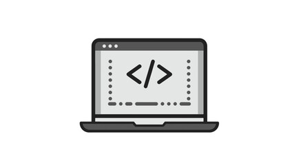 Laptop with code symbol representing programming and web development on screen.