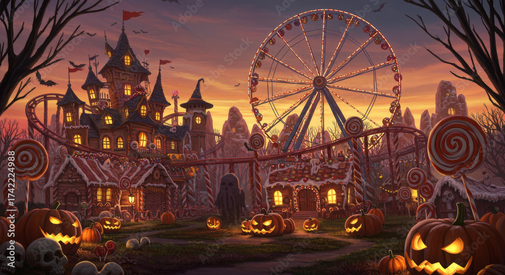Halloween Rides Halloween Theme Park Scene Complete with Haunted Train Ride Under ...