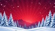 © Chaithat - Snow covered pine trees populate a winter landscape set against a red sky backdrop with falling snowflakes and distant