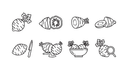 Collection of hand drawn root vegetables and turnip in bowl isolated line art vector