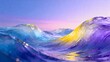 © hu - A vibrant, surreal depiction of ocean waves at sunset, showcasing iridescent hues of purple, blue, and yellow with a dreamlike, artistic quality.