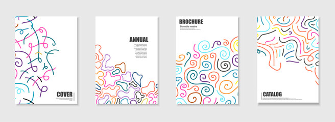 Wall Mural - Collection of bright colorful creative artwork drawing covers, templates, backgrounds, placards, brochures, banners. Hand drawn art minimalistic scribble vibrant cards