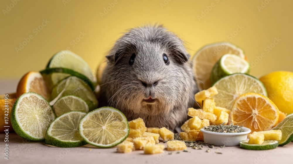 Guinea pig surrounded by fresh citrus fruits and dried treats in a ...
