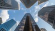 © TechVerse - Looking up at skyscrapers against a blue sky with clouds in the city