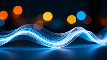 A dynamic abstract composition featuring flowing blue light waves against a backdrop of blurred, colorful bokeh lights.