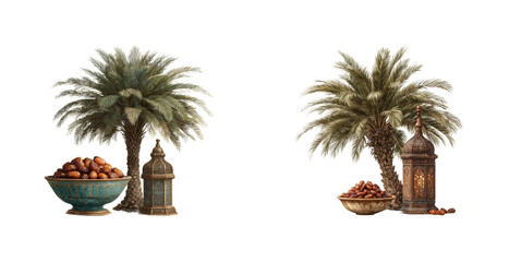 Fruits and lanterns display cultural tabletop, isolated on transparent background, png set