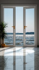 Wall Mural - Elegant lake view from bright airy room, perfect for serene lifestyle, wellness retreats, or luxury travel promotions, a tranquil escape to nature