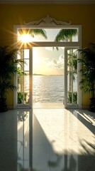Wall Mural - Elegant doorway frames a stunning tropical ocean sunset, promising luxury travel and exotic vacations in a beautiful sunny villa by the sea