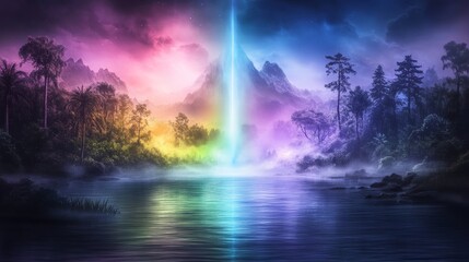 Explore mystical landscapes with rainbow light reflecting on tranquil waters surrounded by enchanting forests and majestic mountains under a starry sky