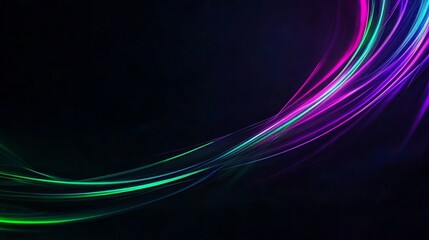 Wall Mural - Vibrant streaks of neon green and purple light dance across a deep black background, creating a modern, dynamic abstract.