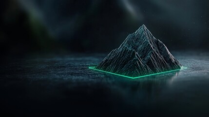 Wall Mural - Mysterious dark mountain peak emerges from glowing neon geometric landscape, evoking futuristic discovery and digital exploration.