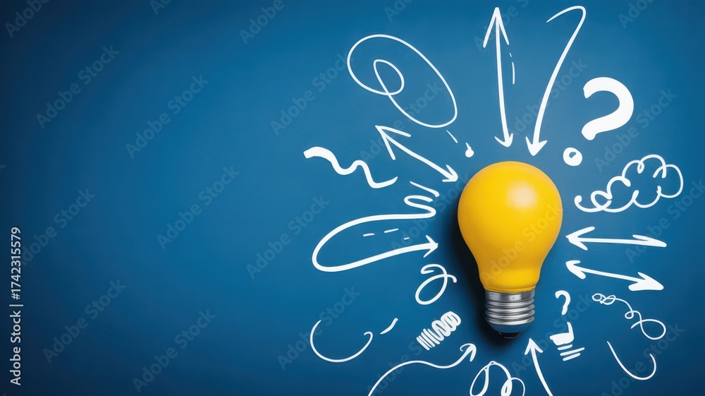 Bright yellow light bulb hand-drawn arrows creative idea concept ...