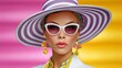 © Nataliia_Trushchenko - Woman wearing a white hat and sunglasses is posing for a photo. The hat is striped and the sunglasses are purple. The woman's makeup is also purple. The photo has a bright and cheerful mood